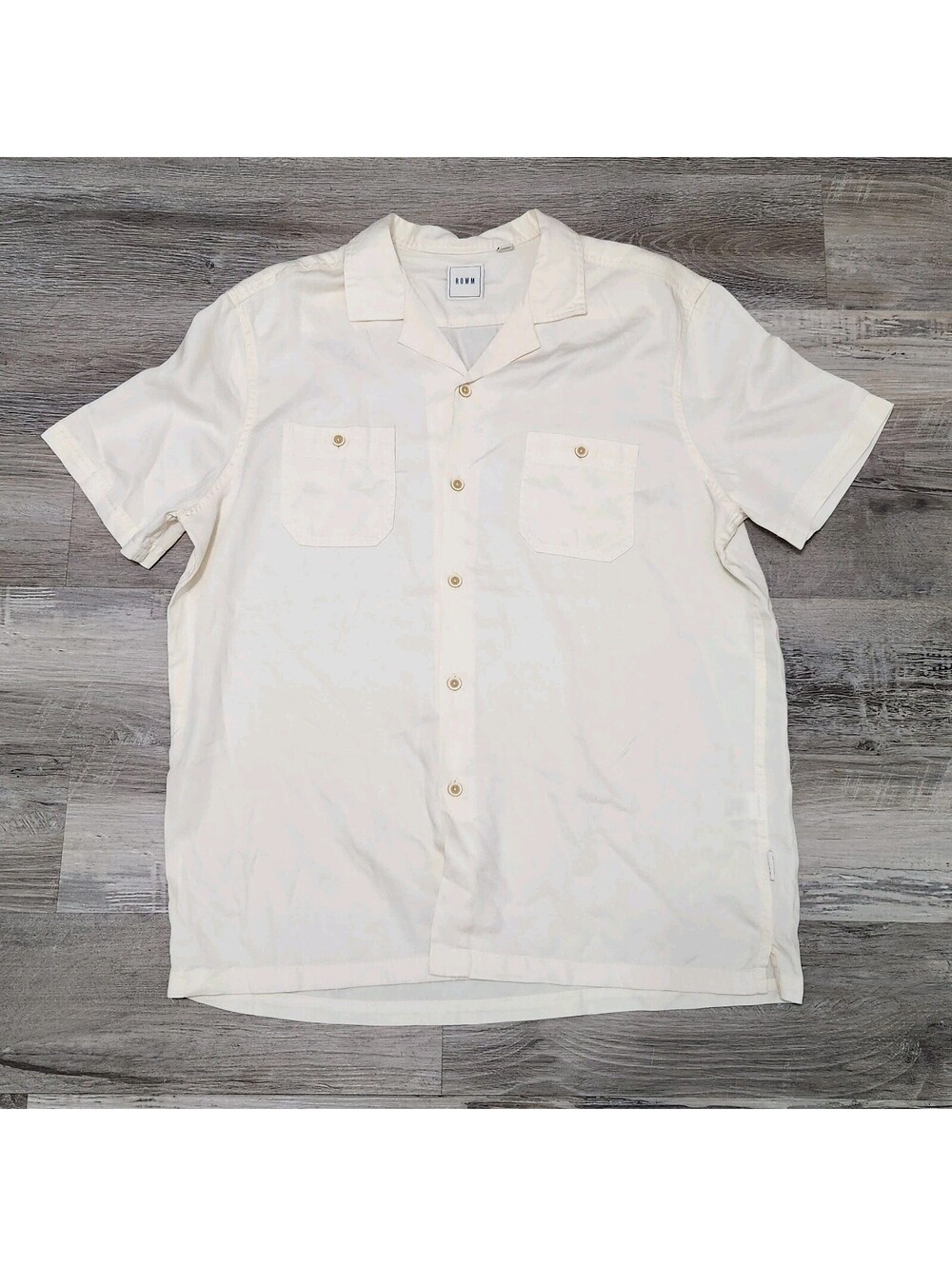 Rowm Mens Shirt Large Pale Yellow Short Sleeve Button Down Collared Linen Blend